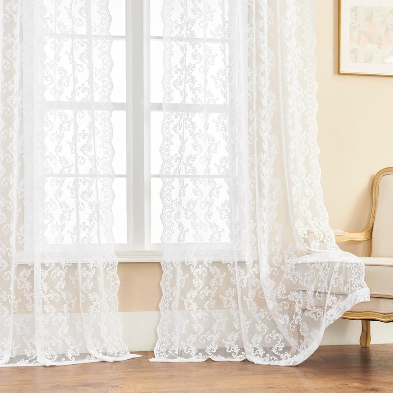 FOLKSIDE White Lace Curtains 102 Inches Long 2 Panels Paisley Floral Sheer Curtains for Living Room Bedroom Rod Pocket Light Filtering Neutral Large Window Privacy Decor for Dining Room Hallway, 52x102 - Image 2